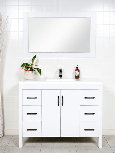 45 inch white bathroom vanity with matching mirror and white counter
