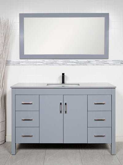 grey bathroom vanity with matching mirror,