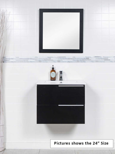 Black floating vanity with white ceramic sink, chrome faucet and black framed mirror