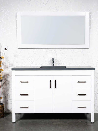 large white vanity with matching white mirror