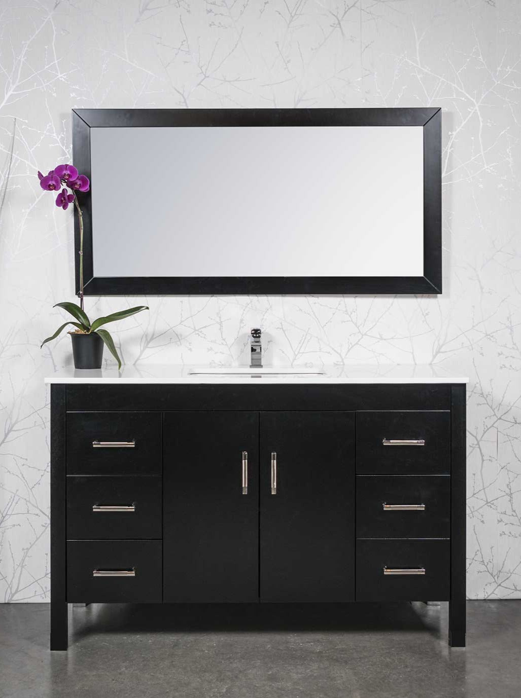 55 inch black vanity with drawers on either side and cupbaord in the center. white counter. black wood framed mirrors