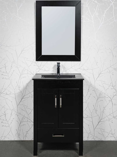 24 inch black vanity with black framed mirror, black ceramic sink, and chrome faucet