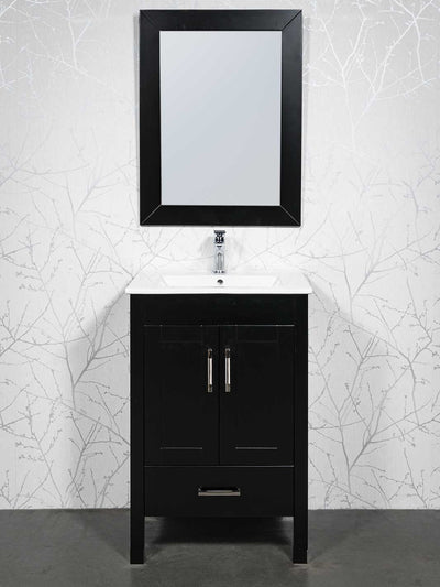 black 24 inch vanity with black framed mirror and white ceramic sink. chrome faucet
