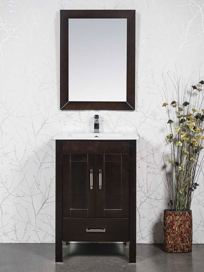 24 inch chocolate brown vanity with wood framed mirror, white ceramic sink, and chrome faucet