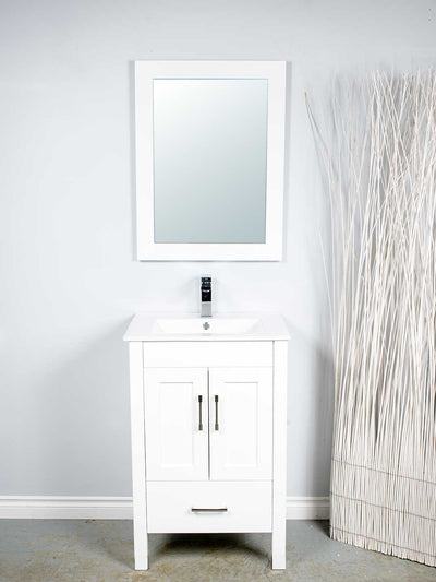 24 inch white vanity with white framed mirror, white ceramic sink, and chrome faucet