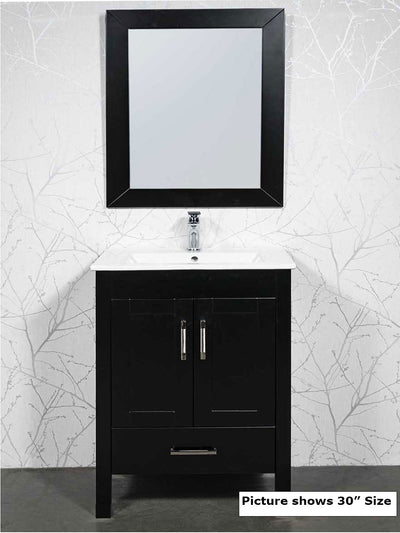 28 inch black vanity with matching mirror, white ceramic sink, and chrome faucet
