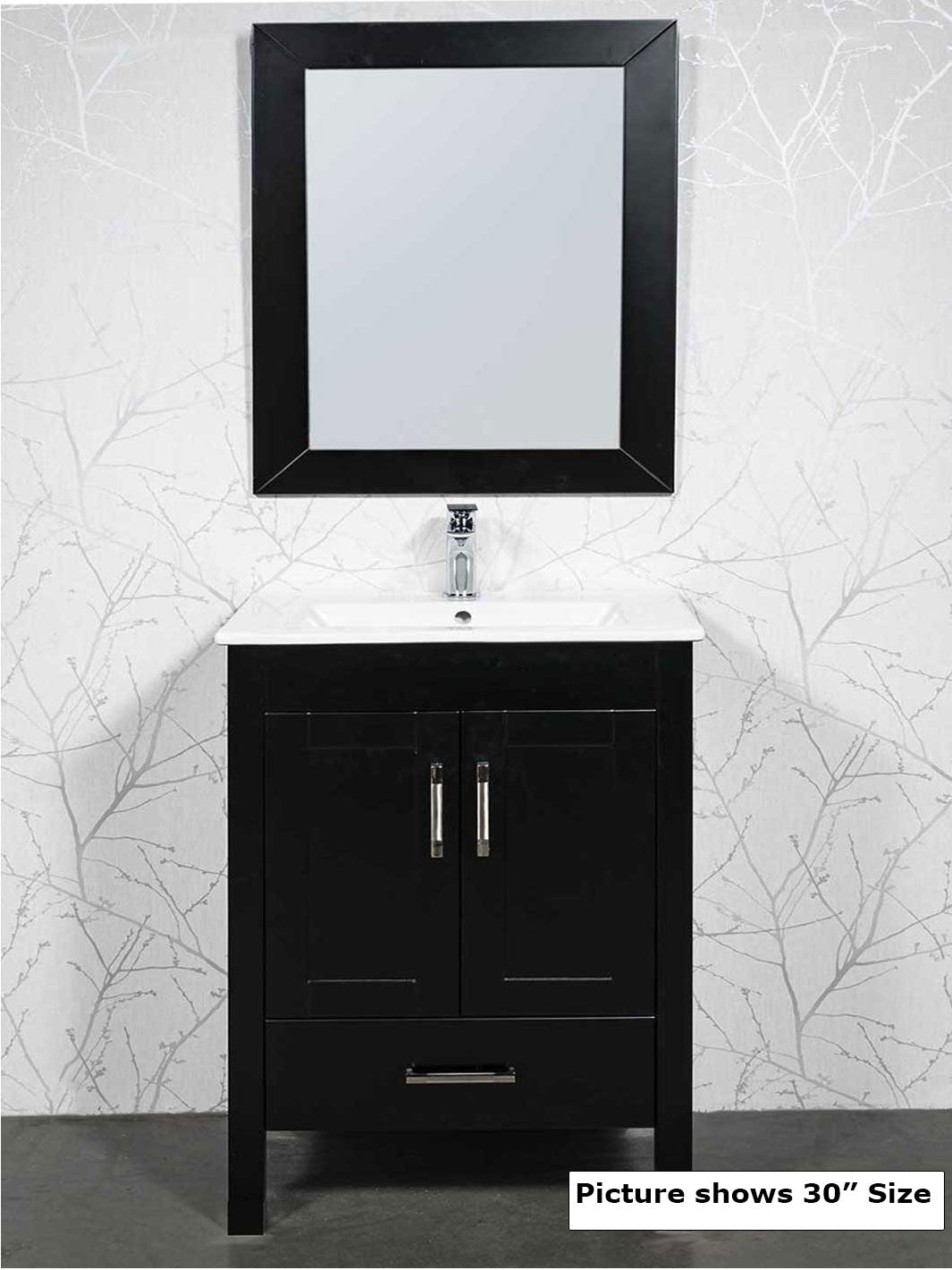 black cabinet with matching mirror, white ceramic sink, chrome pulls and faucet