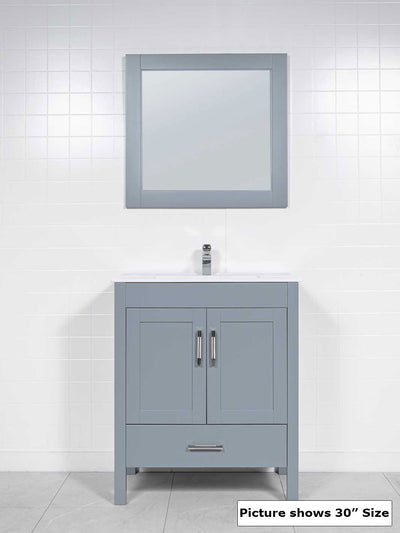 grey cabinet with matching mirror, white ceramic sink. chrome faucet