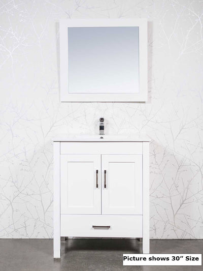 white vanity with matching mirror. white ceramic sink. chrome faucet and pulls