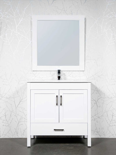 bathroom vanity 36 inches in white with white wood framed mirror, white ceramic ssink and chrome faucet and hardware