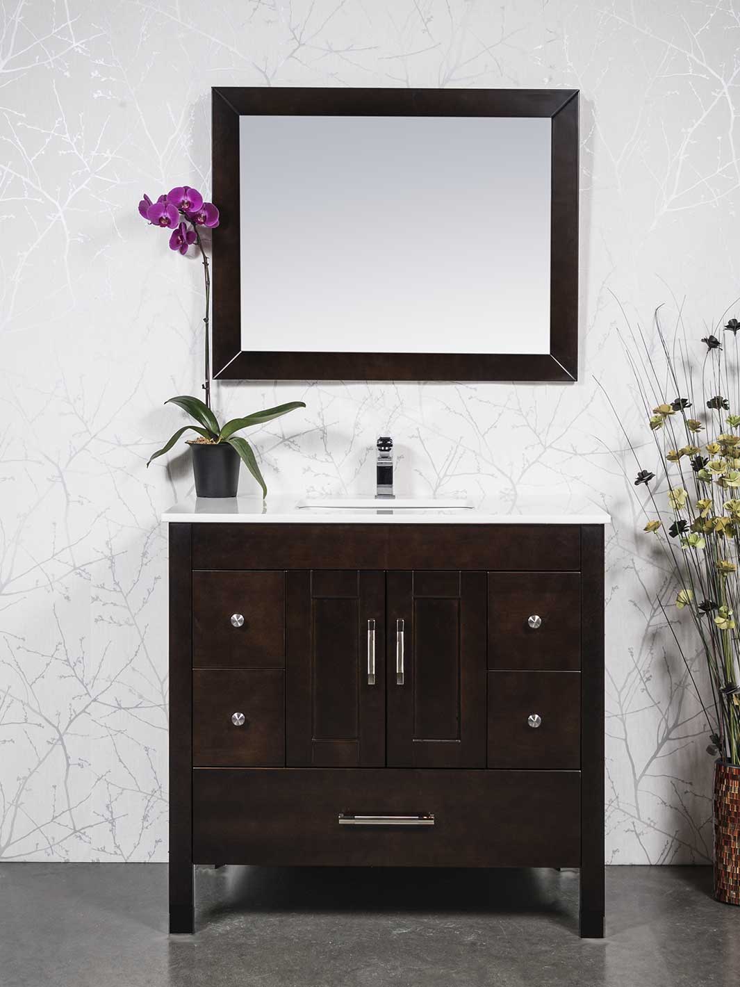chocolate brown vanity with matching mirror, white counter, chrome faucet and hardware