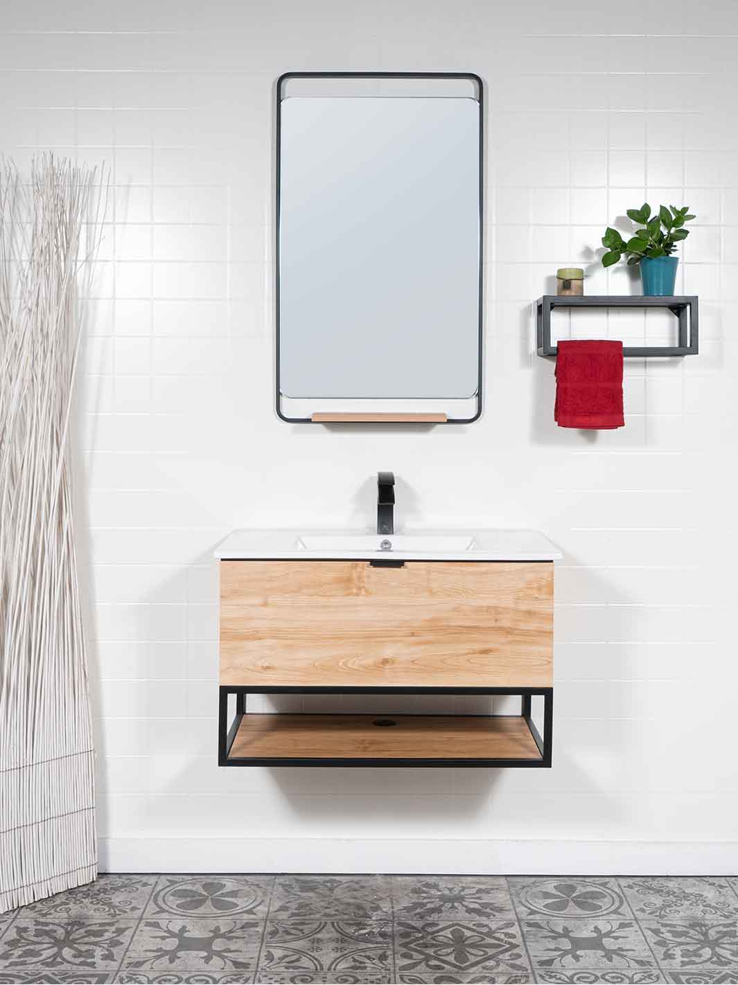 Floating style vanity with beech finish, black aluminum framed mirror, ceramic sink, and chrome faucet