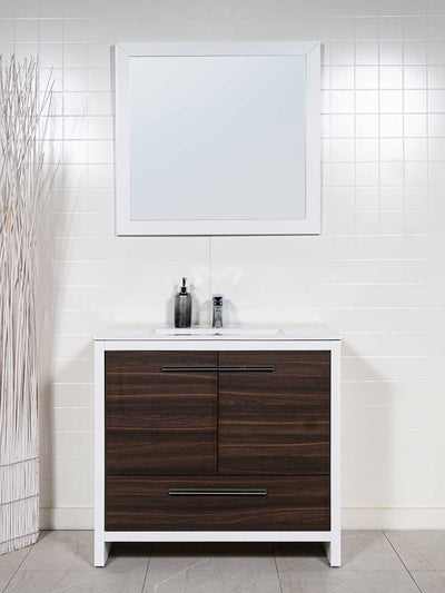 36 inch vanity with wood grai doors. white sink. white wood framed mirror