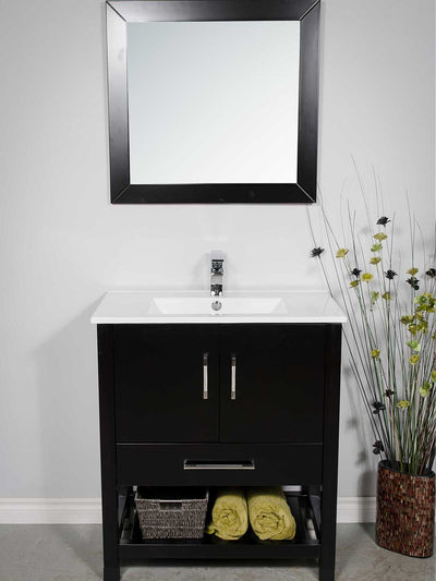 Black vanity with open bottom shelf. White sink. Matching mirror