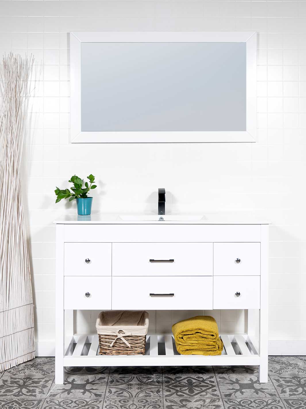 white cabinet 48 inches with open shelf. white framed mirror