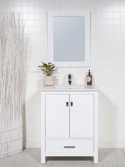 28 inch white bathroom cabinet with white quartz counter and white framed mirror