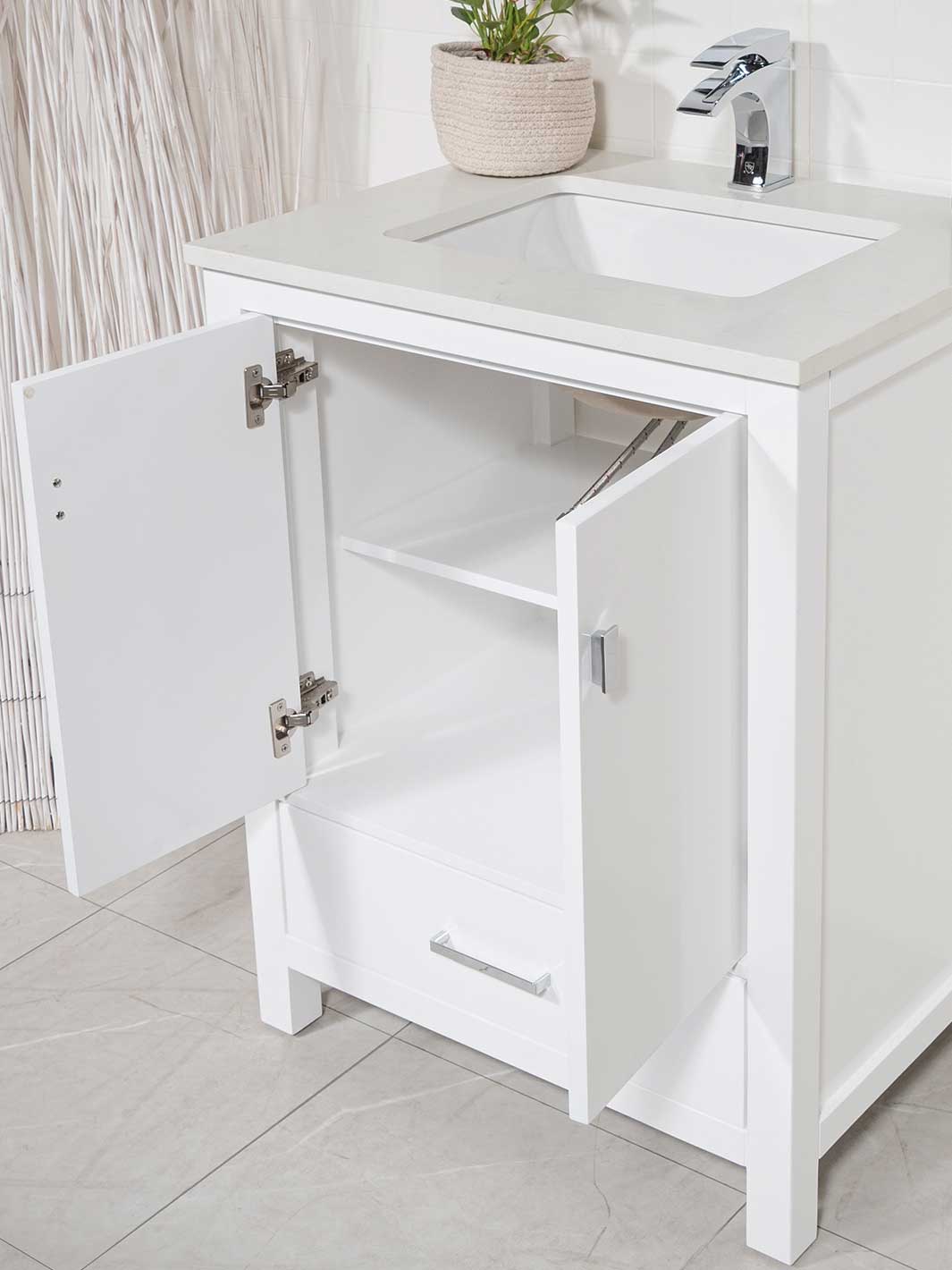 28 inch white bathroom cabinet with double shelving under sink,  and bottom drawer