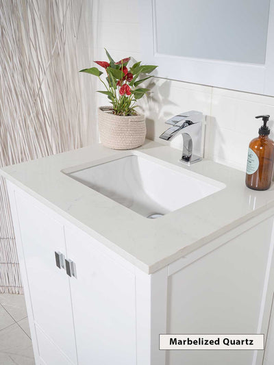 white quartz counter and chrome faucet 