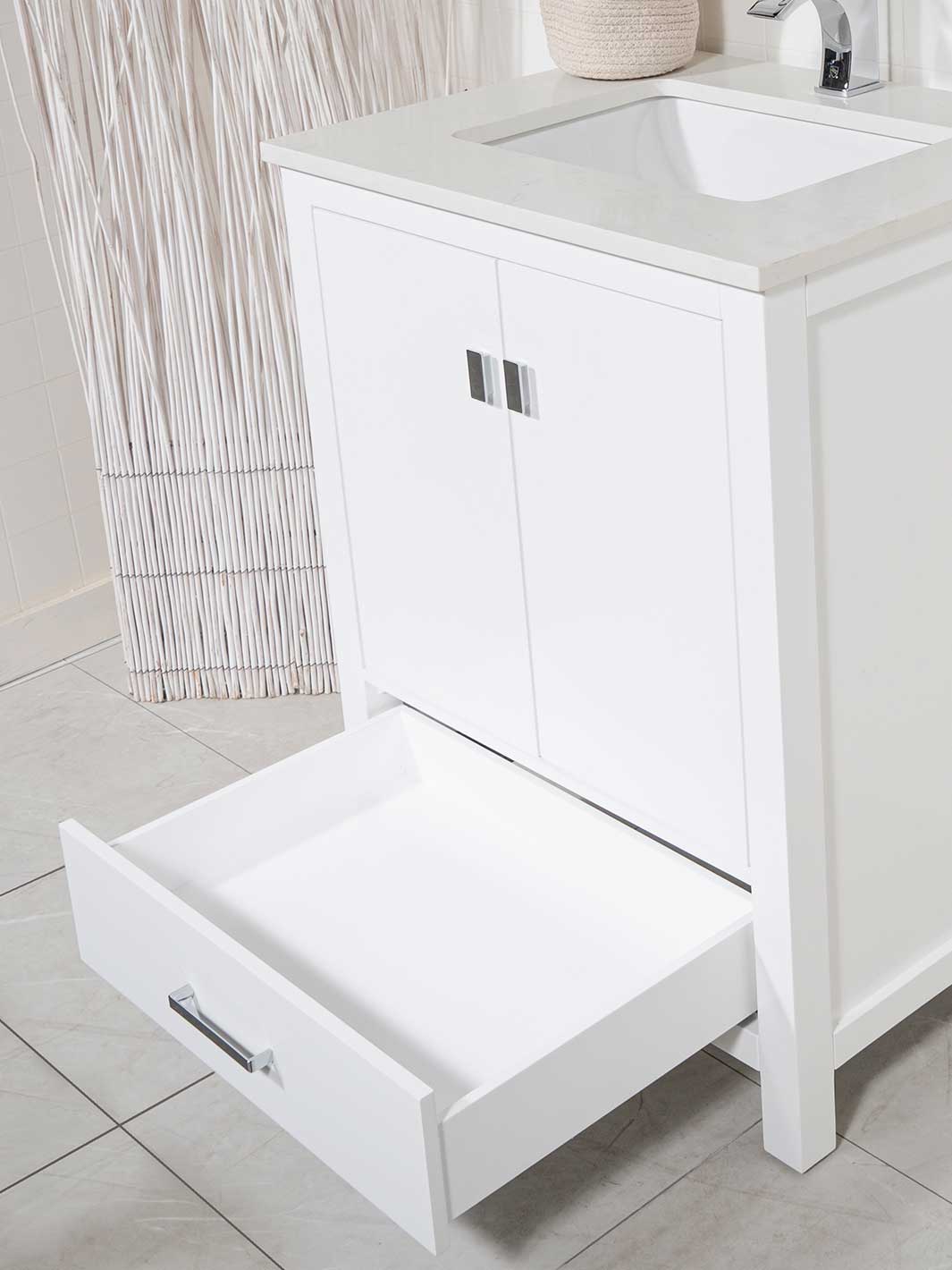 28 inch white bathroom cabinet with double shelving under sink, and bottom drawer