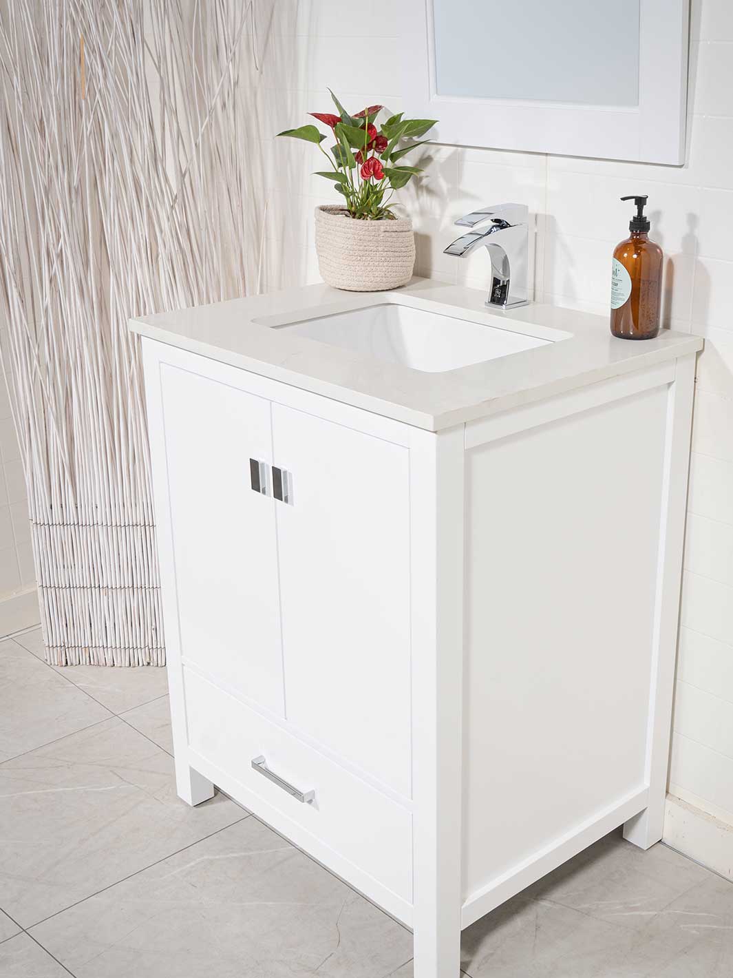 28 inch white bathroom cabinet with white quartz counter and chrome faucet