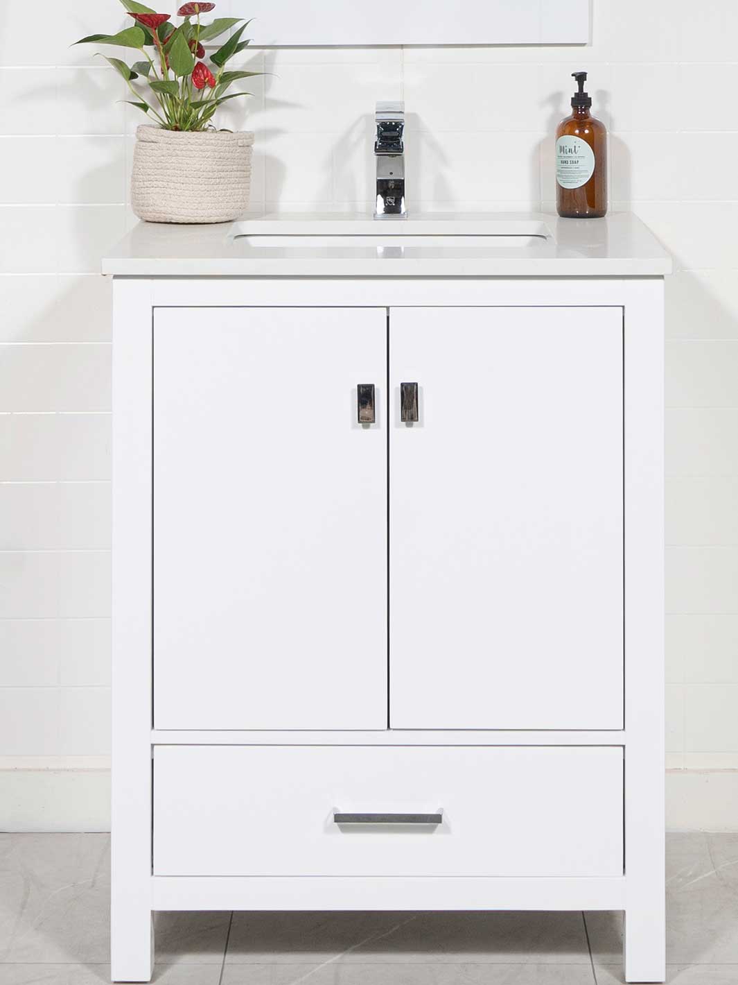 28 inch white bathroom cabinet with white quartz counter and chrome faucet