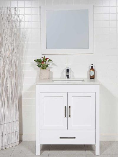 white 32 inch bathroom vanity with quartz counter and matching mirror
