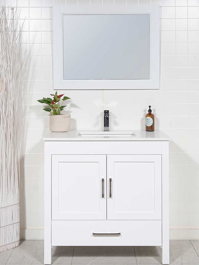 36 inch white bathroom vanity with white wood framed mirror