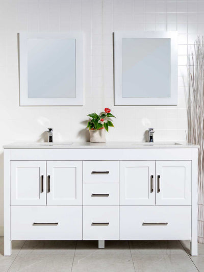 63 inch vanity bathroom double sinks. White with two wood framed mirrors