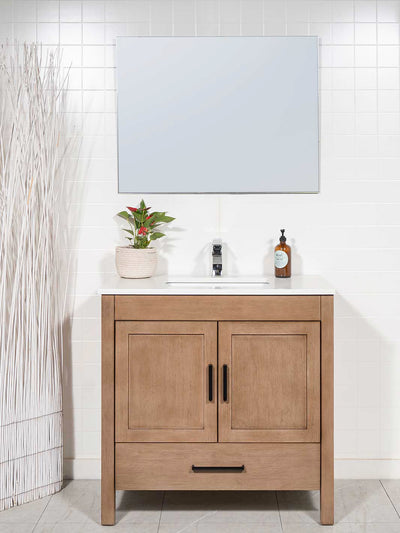 white oak vanity 36 inches wide with white counter and unframed mirror