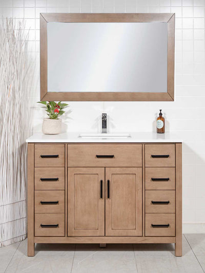 white oak vanity 48 inches with matching mirror, black door pulls and chrome faucet.
