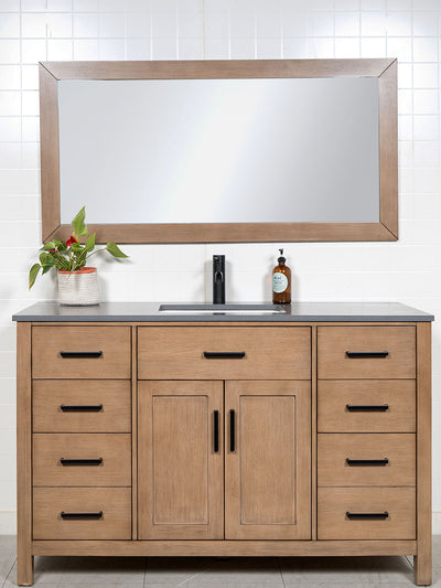 White oak vanity 55 inches wide with a grey quartz counter