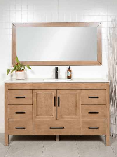 white oak vanity with atching mirror. black faucet and pulls