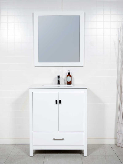 30 inch white vanity, quartz counter with chrome faucet, and white wood framed mirror