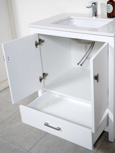 30 inch white vanity, cupboard under sink and bottom drawer