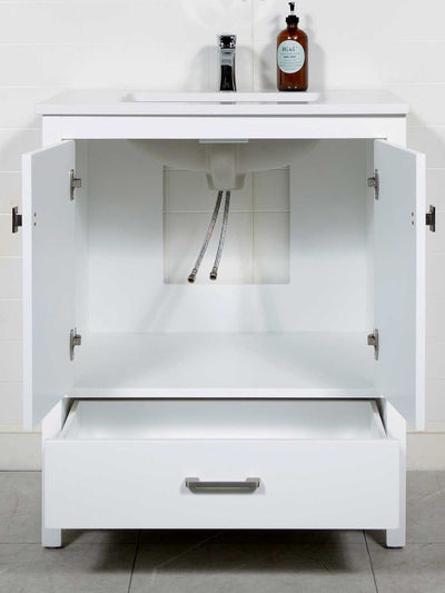 30 inch white vanity, cupboard under sink and bottom drawer 
