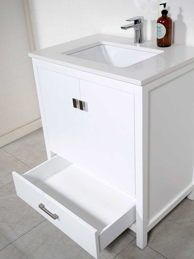30 inch white vanity with bottom drawer, quartz counter and chrome faucet