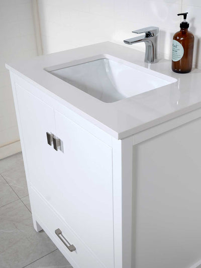 side view 30 inch white vanity and quartz counter with chrome fauce