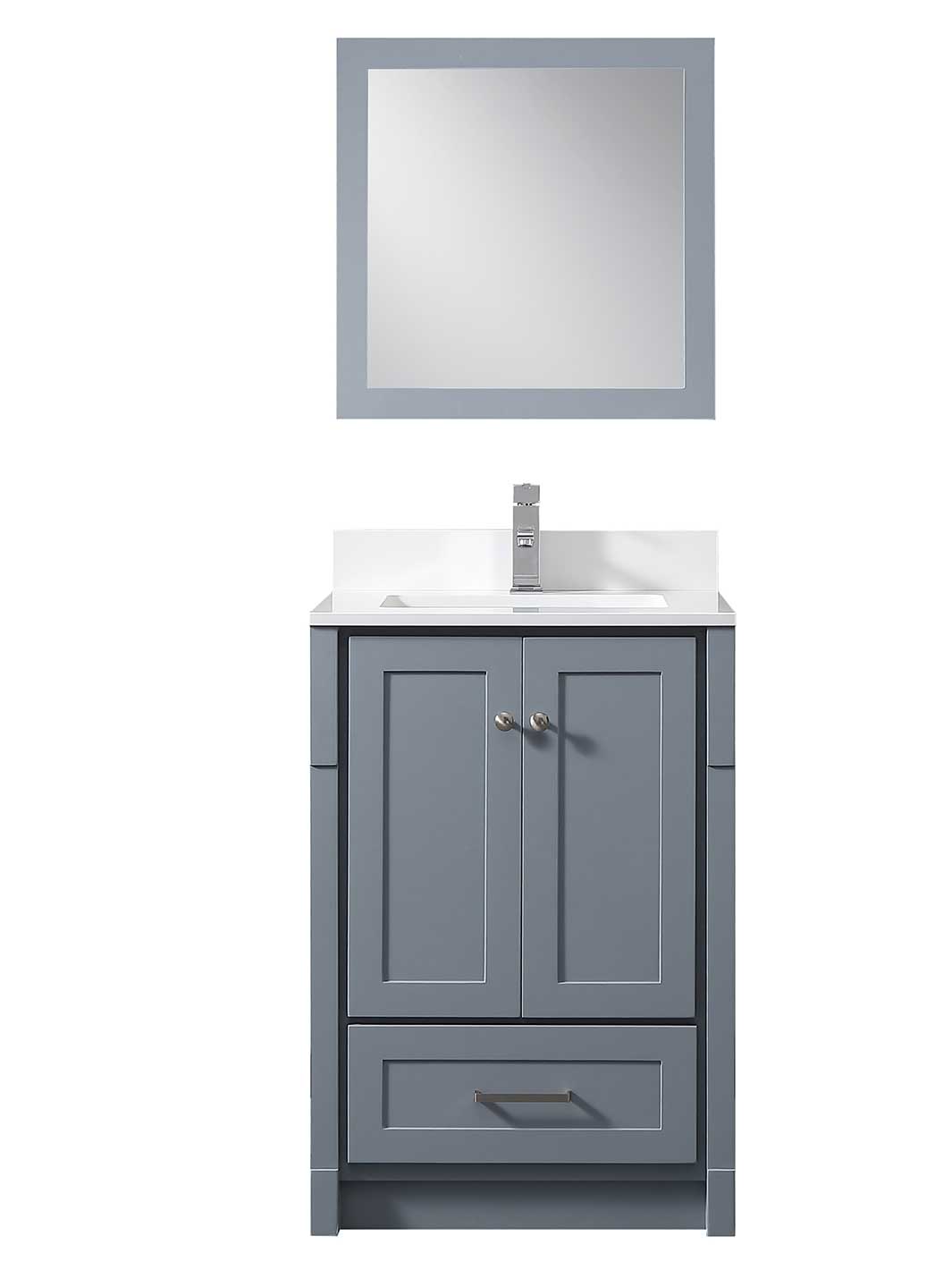 grey vanity with kickboard, grey framed mirror, white quartz counter, and chrome faucet