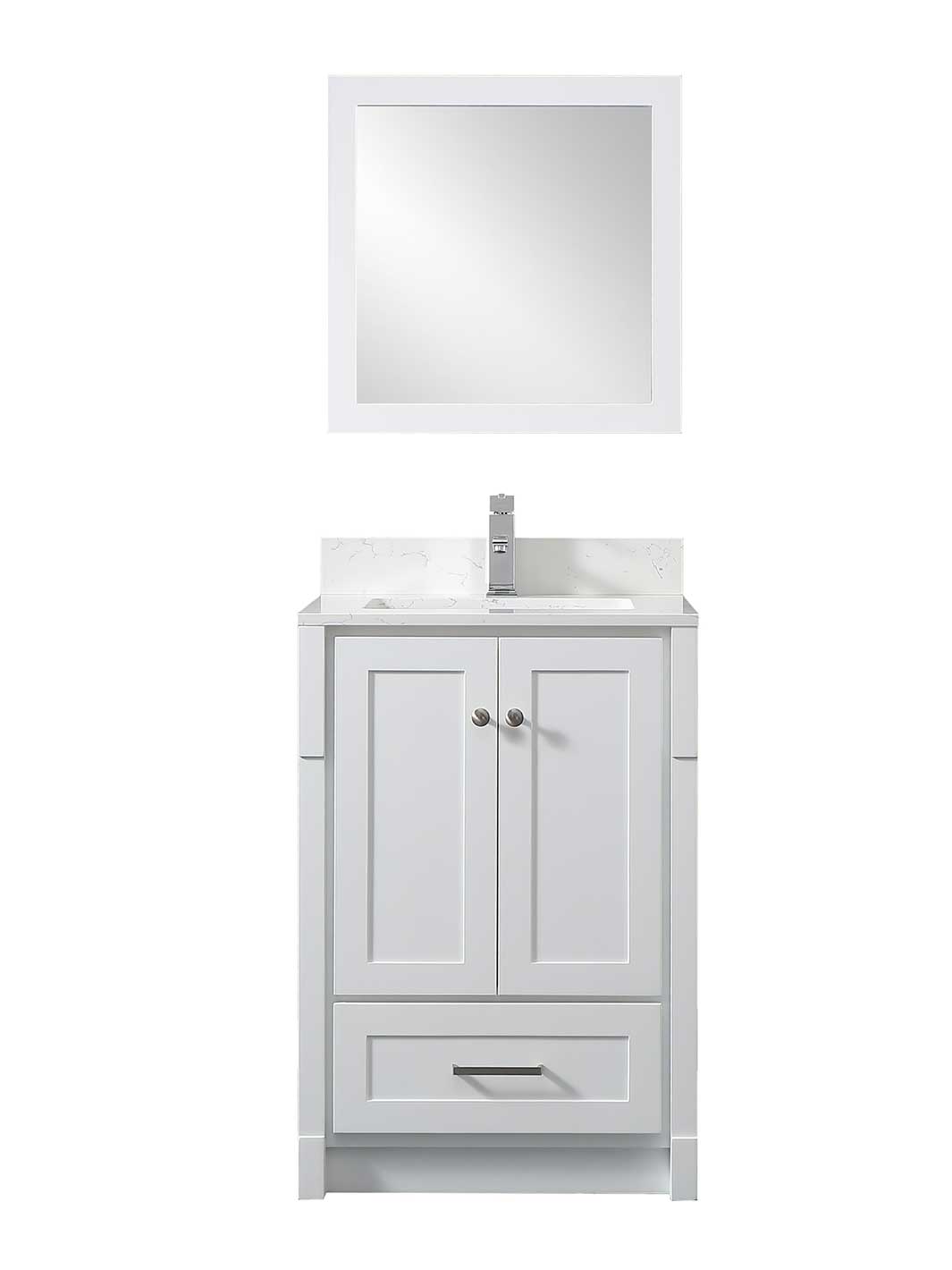 white vanity with kickboard, white framed mirror, white quartz counter, and chrome faucet