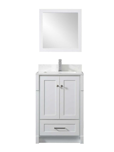 white bathroom vanity with matching mirro