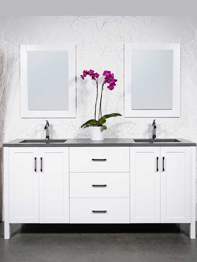72 inch white double vanity, grey counter, white framed mirrors