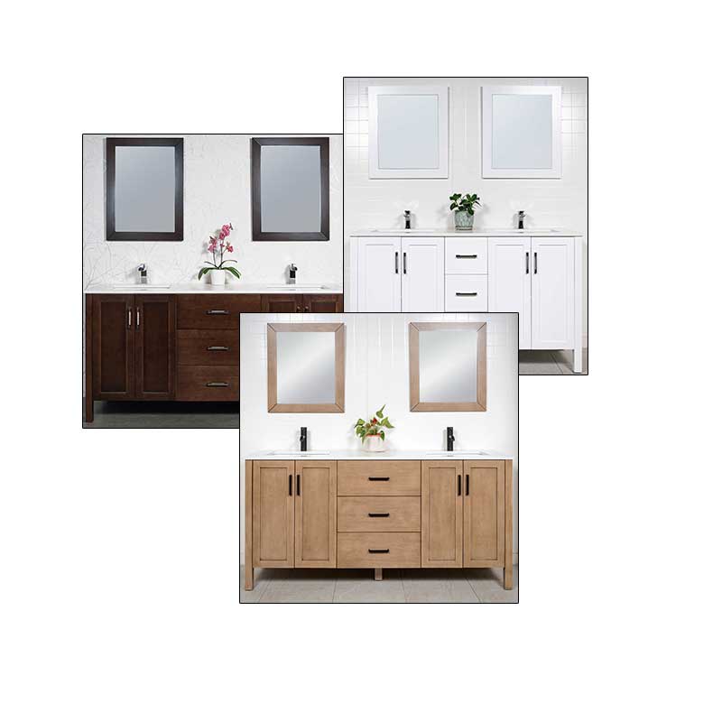 double vanities, three styles, white, brown and white oak