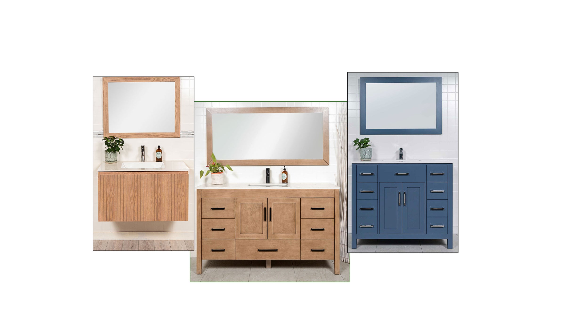 Bathroom vanities with mirrors and sink fixtures on a white background