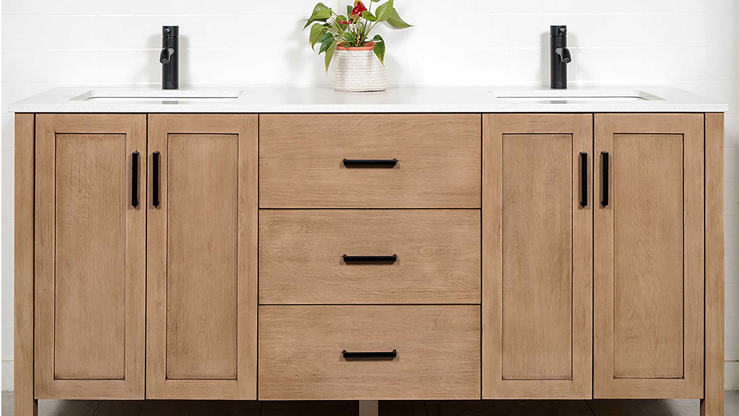 white oak double vanity 72 inches, white counter, black faucet and pulls