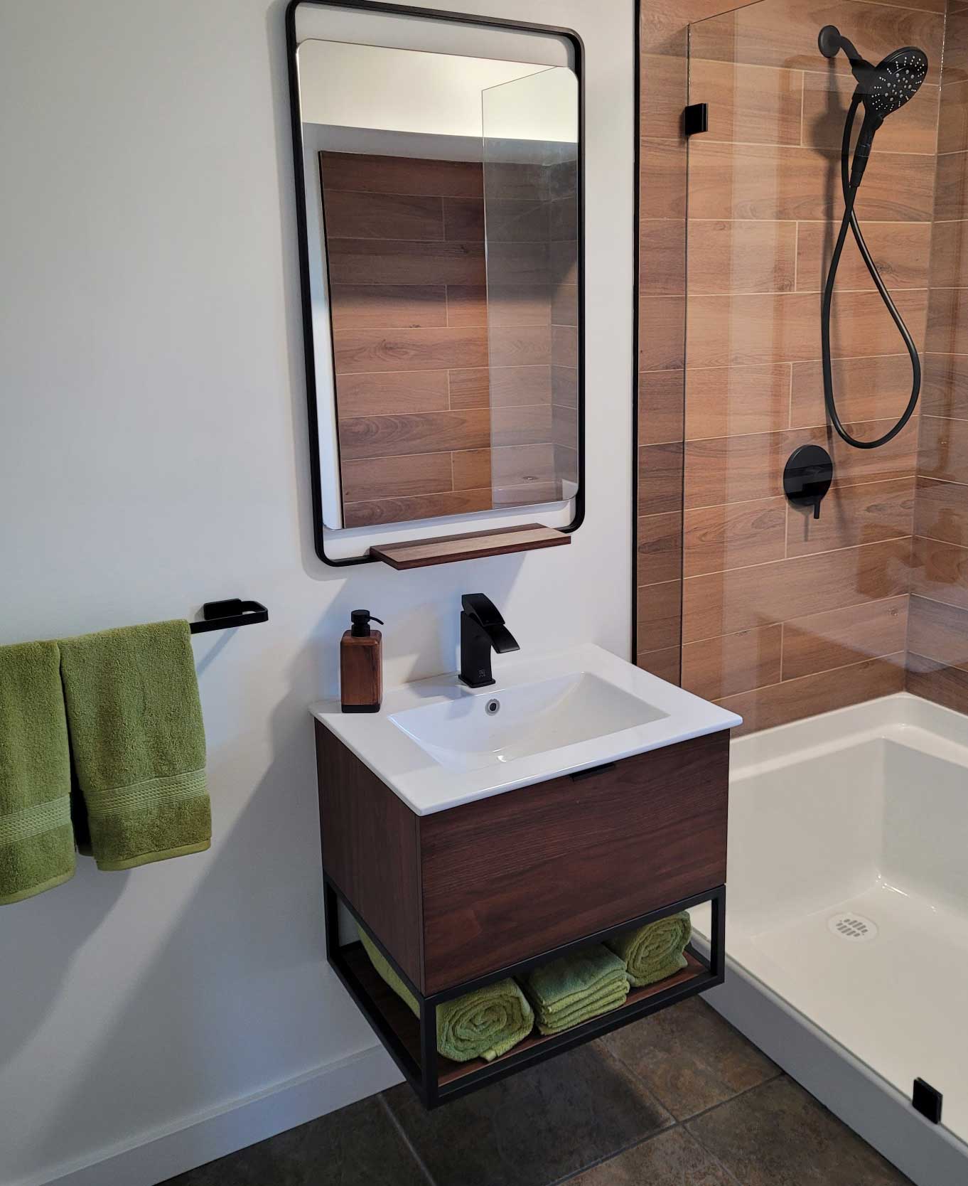 wood grain vanity wall hung style with matte black mirror