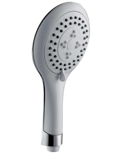 white hand held shower with 3 water settings and chrome finish on back 