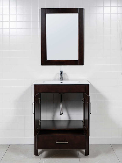 cupboard beneath chocolate brown vanity sink