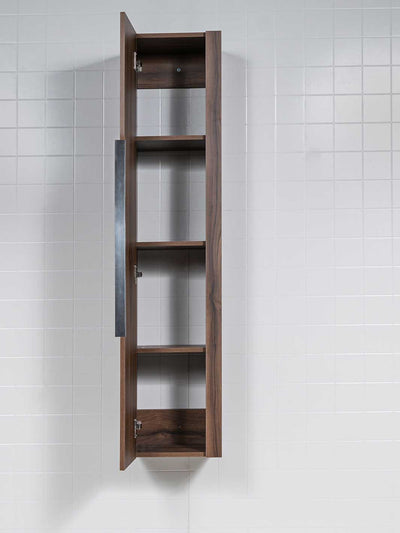 floating wall cabinet in wood grain finish with 4 shelves
