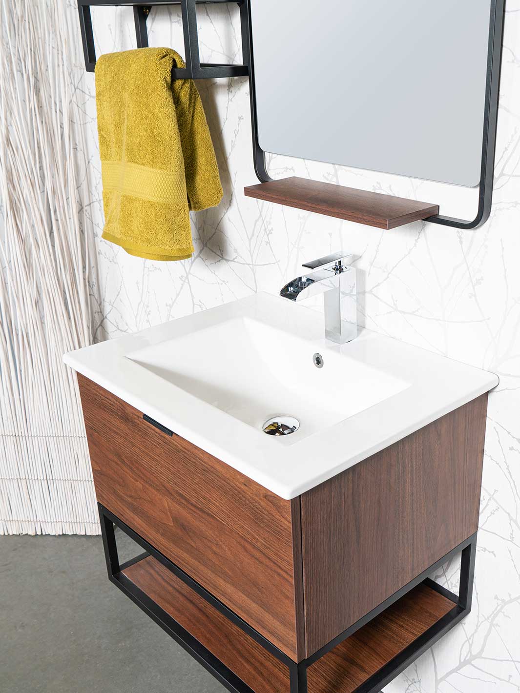 Floating style vanity with wood grain finish, white ceramic sink, and chrome faucet