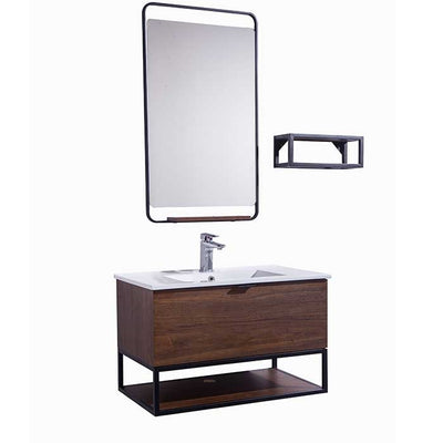Black aluminum famed mirror and shelf included with vanity